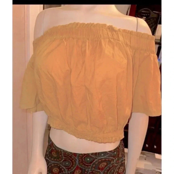 BP  Women's Off Shoulder Cropped peasant top mustard yellow Large - Picture 1 of 8